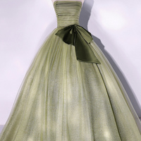 Green tulle long prom dress A line evening dress - Thumbnail 4