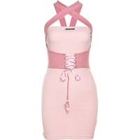 American Retro Party Summer Spring Sweetheart Women Girl Sexy Halter Neck Off Shoulder Bra Pink Dress - Thumbnail 7