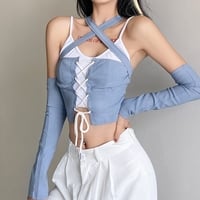 American Retro Sweet Cool Blue White Camisole Vest Fake Two Piece Strap Tank Top Shirt - Thumbnail 6