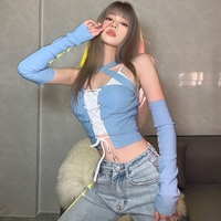 American Retro Sweet Cool Blue White Camisole Vest Fake Two Piece Strap Tank Top Shirt - Thumbnail 1