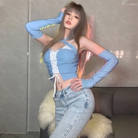 American Retro Sweet Cool Blue White Camisole Vest Fake Two Piece Strap Tank Top Shirt - Thumbnail 3