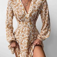 Yellow Printed V-Neck Long Sleeve Dress - Thumbnail 1