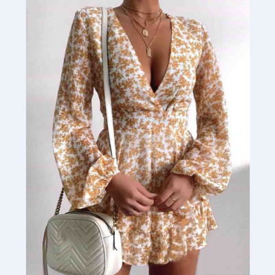 Yellow printed v-neck long sleeve dress