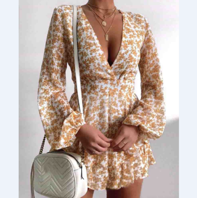 Yellow Printed V-Neck Long Sleeve Dress