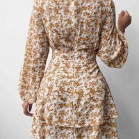 Yellow Printed V-Neck Long Sleeve Dress - Thumbnail 2