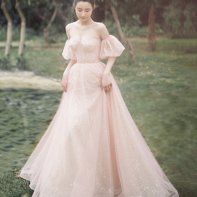 Pink tulle long prom dress a line evening dress - Thumbnail 1