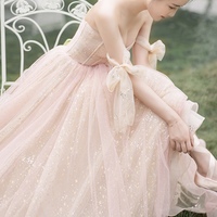 Pink tulle long prom dress A line evening dress - Thumbnail 1