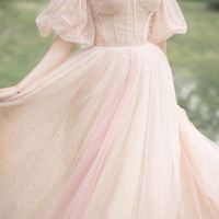 Pink tulle long prom dress A line evening dress - Thumbnail 2