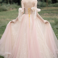 Pink tulle long prom dress A line evening dress - Thumbnail 3