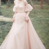 Pink tulle long prom dress A line evening dress - Thumbnail 4
