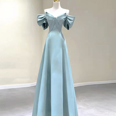 Blue satin long prom dress a line evening dress - Thumbnail 2