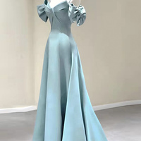 Blue satin long prom dress A line evening dress - Thumbnail 3