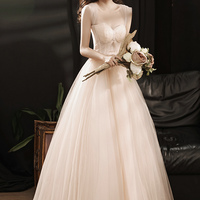 Pink tulle lace long prom dress A line evening dress - Thumbnail 1