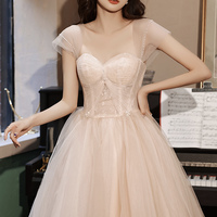 Pink tulle lace long prom dress A line evening dress - Thumbnail 3