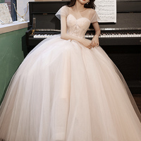 Pink tulle lace long prom dress A line evening dress - Thumbnail 4