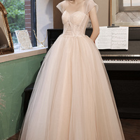 Pink tulle lace long prom dress A line evening dress - Thumbnail 5