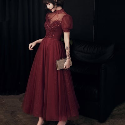 Burgundy tulle beads short prom dress homecoming dress - Thumbnail 2