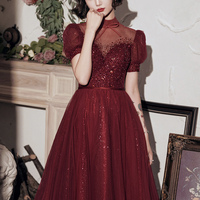 Burgundy tulle beads short prom dress homecoming dress - Thumbnail 2