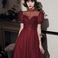 Burgundy tulle beads short prom dress homecoming dress - Thumbnail 3