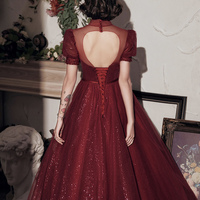 Burgundy tulle beads short prom dress homecoming dress - Thumbnail 4