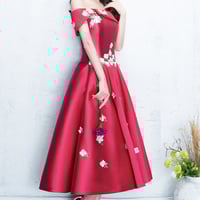 Red satin lace short prom dress homecoming dress - Thumbnail 1