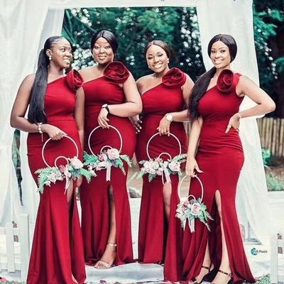 Red one shoulder bridesmaid dresses with slit - Thumbnail 1
