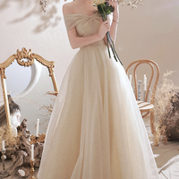 Champagne tulle sequins long prom dress A line evening dress - Thumbnail 1