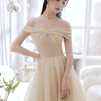 Champagne tulle sequins long prom dress A line evening dress - Thumbnail 2