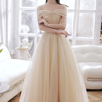 Champagne tulle sequins long prom dress A line evening dress - Thumbnail 6
