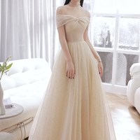 Champagne tulle sequins long prom dress A line evening dress - Thumbnail 3