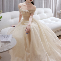 Champagne tulle sequins long prom dress A line evening dress - Thumbnail 4