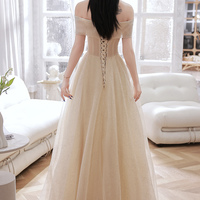 Champagne tulle sequins long prom dress A line evening dress - Thumbnail 5