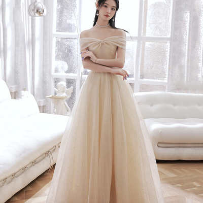 Champagne tulle sequins long prom dress a line evening dress - Thumbnail 3