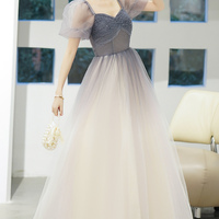 Cute tulle beads long prom dress  A line evening dress - Thumbnail 1