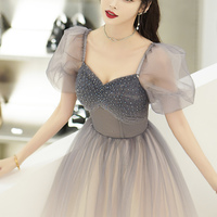 Cute tulle beads long prom dress  A line evening dress - Thumbnail 3