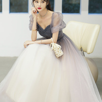 Cute tulle beads long prom dress  A line evening dress - Thumbnail 5