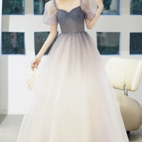 Cute tulle beads long prom dress  A line evening dress - Thumbnail 7