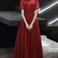 Elegant tulle sequins long prom dress A line evening dress - Thumbnail 1