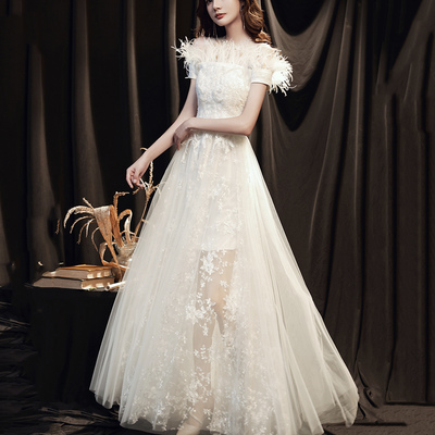 White tulle lace long prom dress a line evening dress - Thumbnail 4