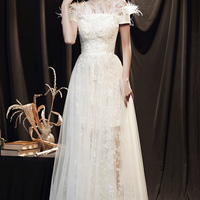 White tulle lace long prom dress A line evening dress - Thumbnail 1