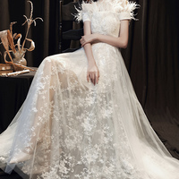 White tulle lace long prom dress A line evening dress - Thumbnail 5