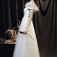 White tulle lace long prom dress A line evening dress - Thumbnail 3