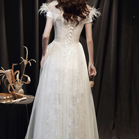 White tulle lace long prom dress A line evening dress - Thumbnail 4