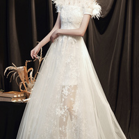 White tulle lace long prom dress A line evening dress - Thumbnail 6