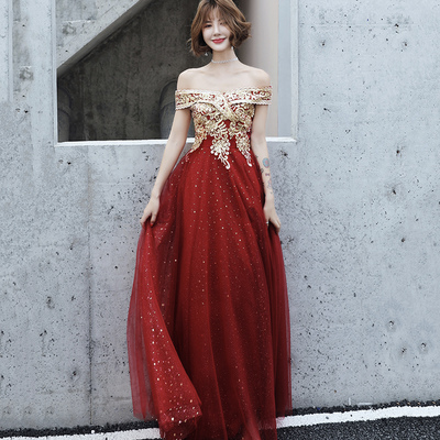 Burgundy tulle lace long prom dress a line evening dress - Thumbnail 1