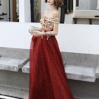 Burgundy tulle lace long prom dress A line evening dress - Thumbnail 2