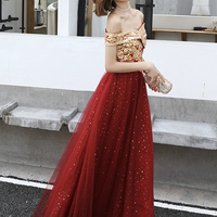 Burgundy tulle lace long prom dress A line evening dress - Thumbnail 5