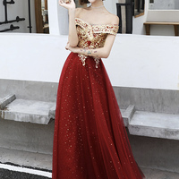 Burgundy tulle lace long prom dress A line evening dress - Thumbnail 6