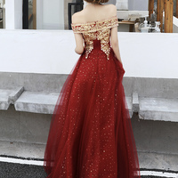Burgundy tulle lace long prom dress A line evening dress - Thumbnail 7