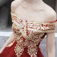 Burgundy tulle lace long prom dress A line evening dress - Thumbnail 1